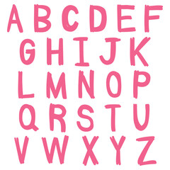 Hand drawn doodle pink english alphabet on white background.