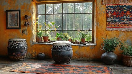 Rustic room with drums, window, and plants. Interior scene for design or travel inspiration