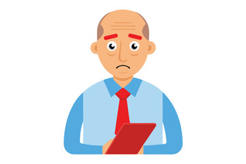 Sad Bald Man Holding Red Tablet with Worried Expression Isolated on White