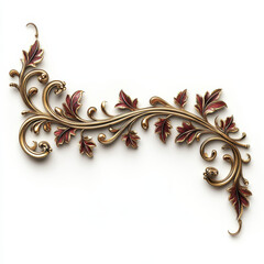 Elegant golden floral ornament with red accents on white background with copy space, blank and empty area, perfect negative space design for text, , Isolated on white background