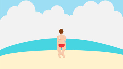 浜辺で夏休みを満喫する女性のイラスト(海水浴)