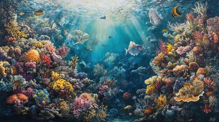 Naklejka premium Vibrant coral reef underwater scene, sunbeams, diverse fish, ocean life, nature print