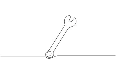 One mechanical wrench for nuts drawn in one continuous line drawing, Mechanical wrench continuous one line drawing. Labor day wrench tools continuous one line drawing.