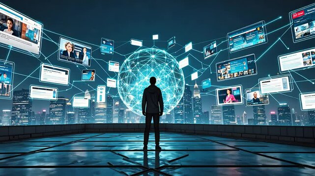 Man standing on rooftop overlooking digital globe surrounded by floating virtual screens and futuristic city skyline at night

 - Powered by Adobe