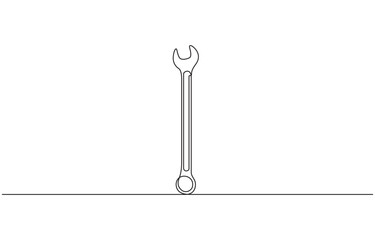One mechanical wrench for nuts drawn in one continuous line drawing, Mechanical wrench continuous one line drawing. Labor day wrench tools continuous one line drawing.