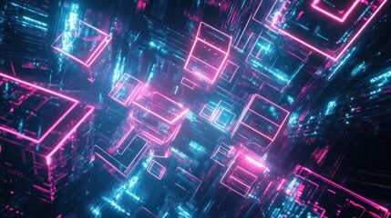Neon Cubes Fly Through Cyber Cityscape