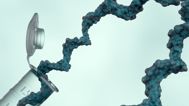 A 3d rendering of Eppendorf tube containing and RNA molecule. The process of working with RNA in a laboratory setting, where RNA samples are often stored and manipulated in Eppendorf tubes.