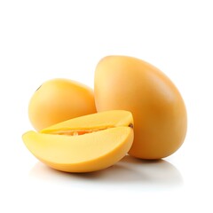 Ripe Mango with Smooth Orange Skin Whole and Sliced.