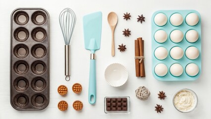  Baking ingredients and utensils flat lay on white background