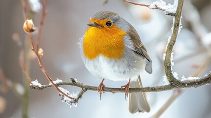 Naklejka premium European Robin perched on snowy branch