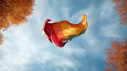 A hefty rainbow flag gracefully billows amidst a backdrop of cloudy blue skies, embodying a strong message of pride, freedom, and unity in a captivating display of colors.