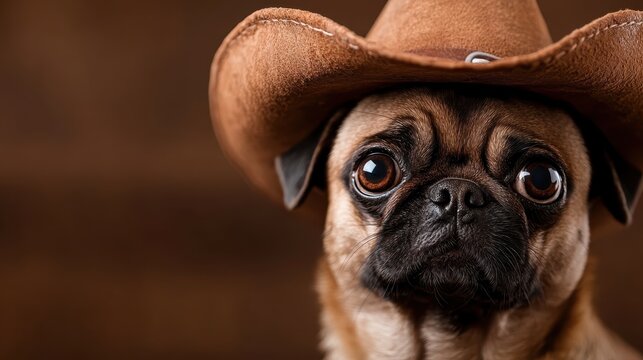 This charming pug dog poses cutely in a cowboy hat, capturing the spirit of fun and playfulness, perfect for pet lovers seeking a touch of whimsy and character. - Powered by Adobe