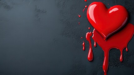 A bold, glossy red heart stands out against a textured black background, accentuated by drips of vibrant color, capturing the essence of love and deep emotional connections.