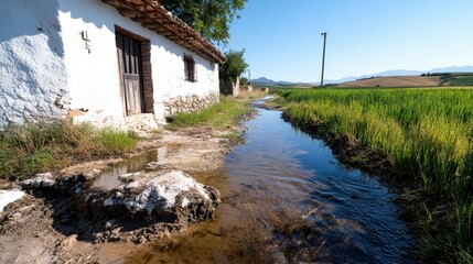 A picturesque rural scene featuring a rustic house by a serene water stream, surrounded by vibrant fields, invoking tranquility and simplicity of nature.