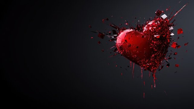 A dynamic artistic depiction of an exploding red heart, symbolizing the intense emotions of love and hurt, capturing the dramatic impact of passion and loss in relationships.