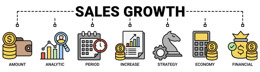 Sales growth banner web icon vector illustration concept with icon of amount, analytic, period, increase, strategy, economy and financial icons  symbol background.