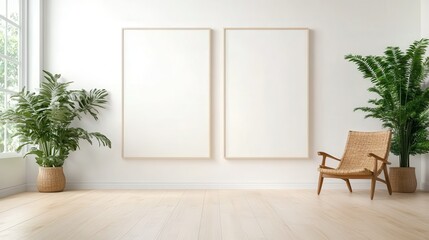 A stylish interior showcasing two blank canvases and lush greenery, creating an artistic atmosphere ideal for inspiration and creativity in a cozy living space.