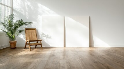 A bright, minimalist room featuring two blank canvases and a single wooden chair, creating an open space that evokes feelings of tranquility and potential creativity.