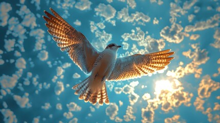 Fototapeta premium Bird soaring, sunlit clouds, freedom, hope, nature