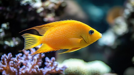 Vibrant yellow fish swimming near coral reef.