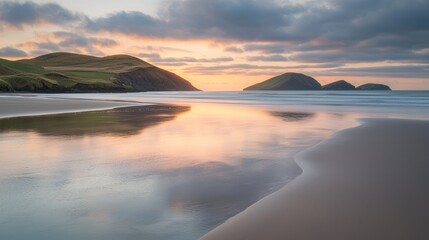 Serene sunset over tranquil beach reflecting hills and sky.