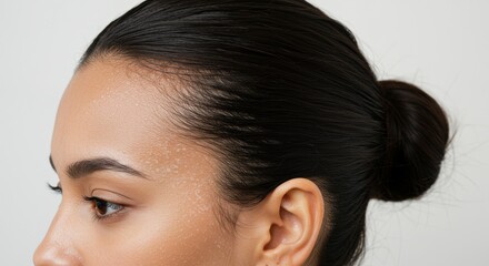 Woman Showing Dry Scalp and Skin - Close-up profile of a woman's face, showcasing dry skin on her scalp and forehead. This symbolizes skincare, hair health, beauty, dryness, and well-being