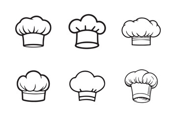 Set of Chef hat icon, contour vintage toque of cooker. Funny retro doodle cap of French or Italian chef. Restaurant, cafe or pizzeria mascot. Line hand drawn costume of baker icon vector illustration