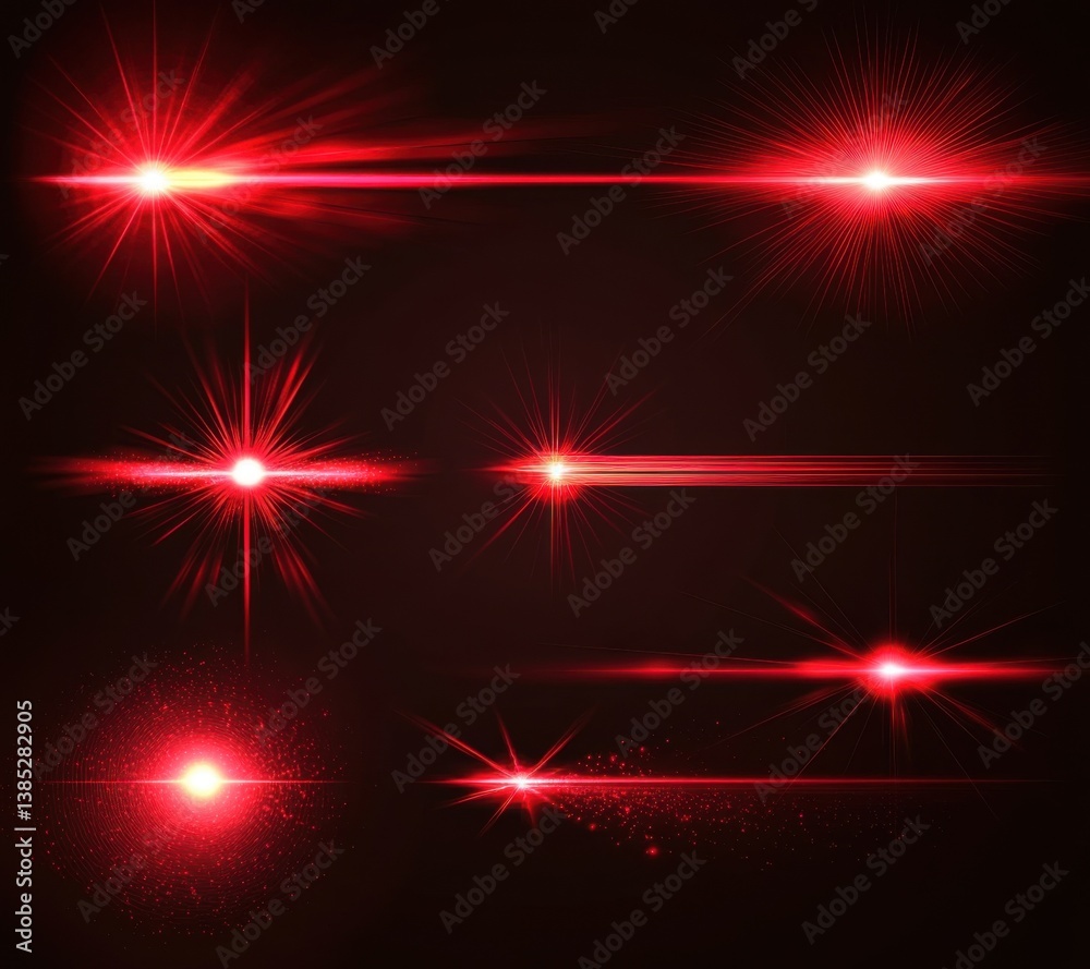 Aufkleber glowing red light effect set with laser beams and lens flare on a black background, vector illustrat