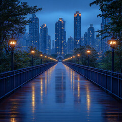 Fototapeta premium A wide-angle shot of a city bridge, with the skyline stretching in the distance, illuminated by streetlights