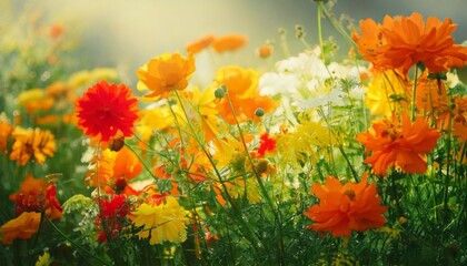 いろんな種類のたくさんの花の美しい背景、フォトジェニックな風景