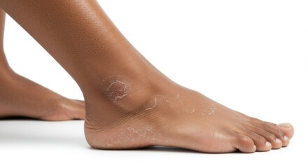Dry Skin on Ankle and Foot - Close-up showing dry, flaky skin on a woman's ankle and foot, symbolizing skincare, health, dryness, foot care, and dermatology