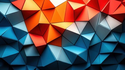 Obraz premium Abstract Geometric Polygonal Wall: A Symphony of Blue, Orange, and Red Triangles