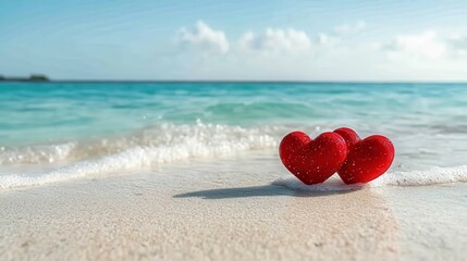 This serene image showcases red hearts resting on warm sand, softly lapped at by gentle waves, embodying romantic moments and the beauty of nature's simplicity.
