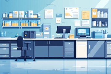 Modern lab interior with equipment and supplies, documents on wall, sunny