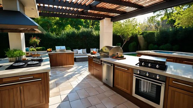 Outdoor Kitchen with Modern Grill and Wooden Cabinets under Pergola in Sunny Garden for Cooking and Lifestyle Enthusiasts