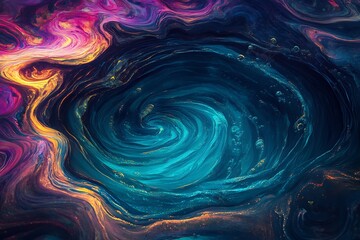 A mystic lake drowning in swirling eddies of neon paint, its surface shimmering like liquid glass.