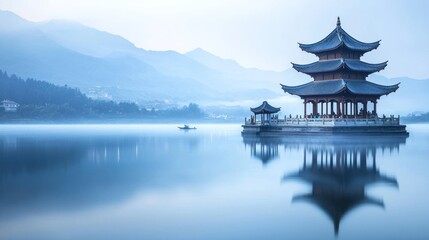 Serene pagoda on misty lake reflecting mountains.