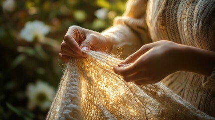 Woman's hands carefully mending a beige knitted shawl outdoors in sunlight.