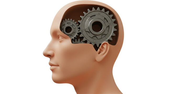 Isolated Human Head with Gears Inside, Symbolizing Thought Process