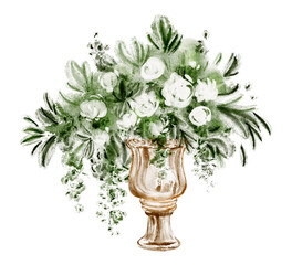 Watercolor illustration of a vase filled with blooming flowers, lush floral bouquet, and delicate leaves. Hand-drawn design perfect for invitations, postcards, or greeting cards.