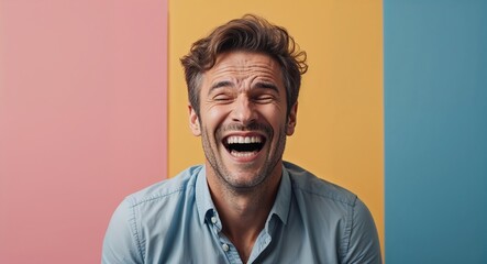 Obraz premium Caucasian 40s man on colorful plain bright background happy laughing hysterical looking at camera portrait banner with copy space ad concept marketing