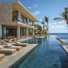 Fototapeta premium A beach resort with large pool decks, lounge chairs, and a stunning ocean view