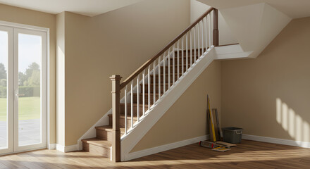 Sunlit Staircase: Interior with White Railing, Wooden Steps, and Garden View.