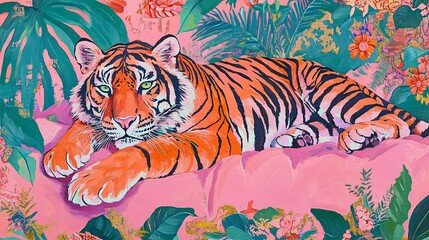 Tiger resting on pink cushion amidst tropical foliage in a colorful painting.