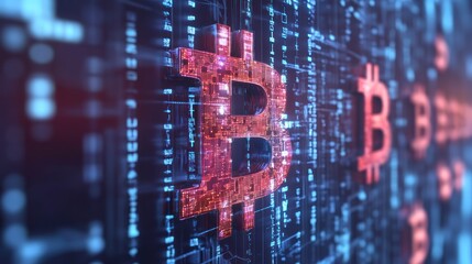 Fototapeta premium Bitcoin Digital Currency: A 3D Render of the Bitcoin Symbol on a Circuit Board Background