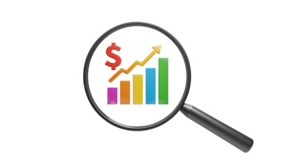 Isolated Magnifying Glass Examining Growing Bar Graph with Dollar Sign