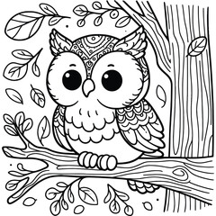 Line Art Owl Perched on Branch with Leaves Coloring Page Design