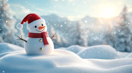Snowman with a carrot nose and red scarf having fun in a scenic mountain setting on a snowy day