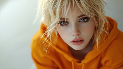 Fototapeta premium Blonde woman, orange hoodie, close-up portrait, indoors, bright background, fashion model