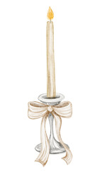 Watercolor illustration of a glowing candle in an antique candlestick. Vintage artwork for invitations, greeting cards, book covers, and packaging. Mystical, gothic design nostalgia, and romance.